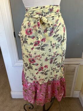 Anthropologie Odille Floral Wrap Midi Skirt with Pink Ruffle